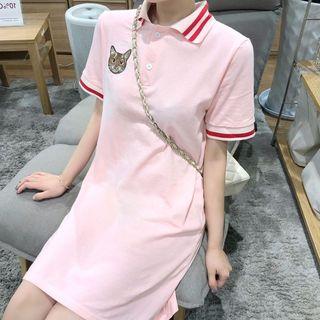 Short-sleeve Cat Embroidery A-line Polo Shirt Dress