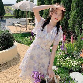 Flutter Sleeve V-neck Floral Chiffon Mini A-line Dress