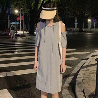 Elbow-sleeve Cold Shoulder Hoodie Dress