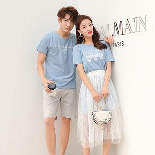 Couple Matching Lettering Short-sleeve T-shirt/ Shorts/ Midi Lace A-line Skirt/ Mini T-shirt Dress/ Set