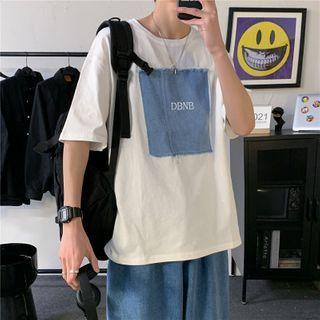 Short-sleeve Lettering Denim Panel T-shirt