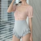 Puff-sleeve Ruffled Two-tone Swimsuit