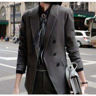 Contrast Trim Shirt / Plain Double-breasted Blazer / Dress Pants / Set