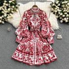 Stand-collar Print Lantern-sleeve Lace-up Strap Dress