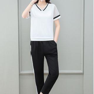 Set: Short-sleeve Mesh Panel T-shirt + Straight-cut Pants