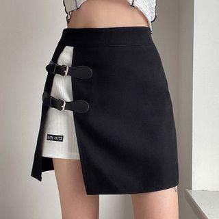 Mock Two-piece Buckled Lettering Embroidered Mini Pencil Skirt