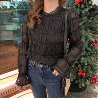 Lace-trim Puff-sleeve Chiffon Blouse