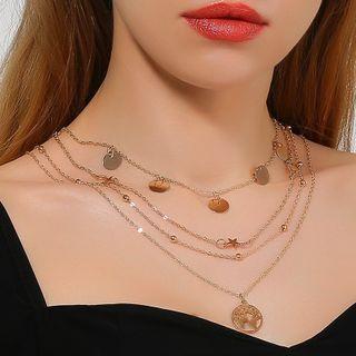 Embossed World Map Pendant Layered Necklace 01 - Gold - One Size
