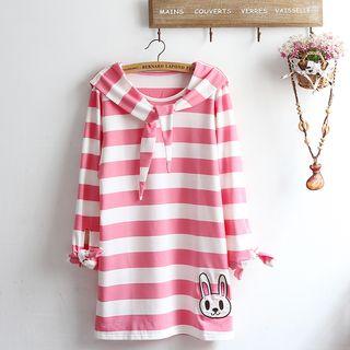 Rabbit Applique Striped Long-sleeve T-shirt Dress