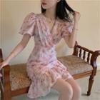 Floral Puff-sleeve Ruffle Hem Mini Sheath Dress Pink - One Size