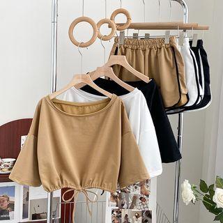 Set :plain Cropped Top + High-waist Shorts