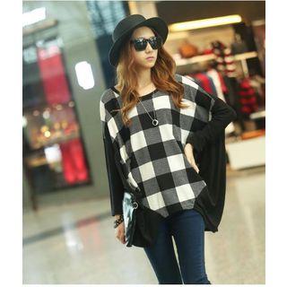 Long-sleeve Check Knit Top