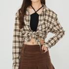 Long-sleeve Polo-collar Frayed Plaid Shirt