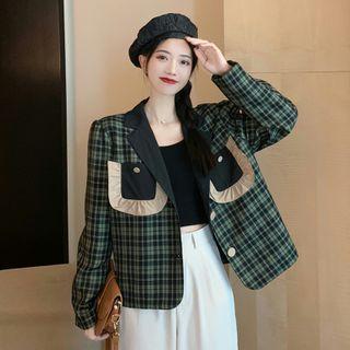 Long-sleeve Plaid Pocket Blazer Green - One Size