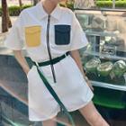 Short Sleeve Color Block Front Pocket Zip-up Romper