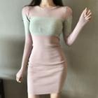 Long-sleeve Color Block Mini Bodycon Dress As Shown In Figure - One Size