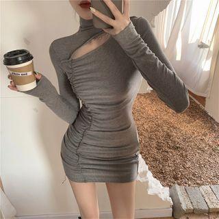Long-sleeve Cutout Ruched Mini Bodycon Dress