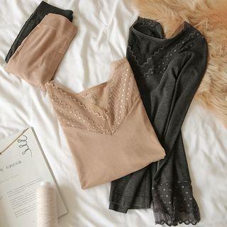 Set: Long-sleeve Lace Panel Fitted Top + Leggings
