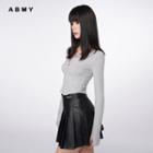 High-waist Plain Faux Leather Pleated A-line Mini Skirt