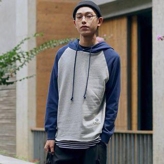 Long Sleeve Color-block Loose-fit Hooded Plain Panel Pullover