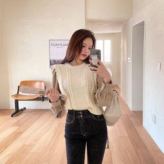 Frill-trim Knit-panel Plaid Blouse
