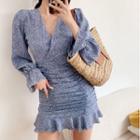 Bell-sleeve V-neck Floral Mini Sheath Dress