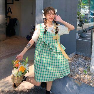 Plaid Ruffle Trim Midi A-line Overall Dress