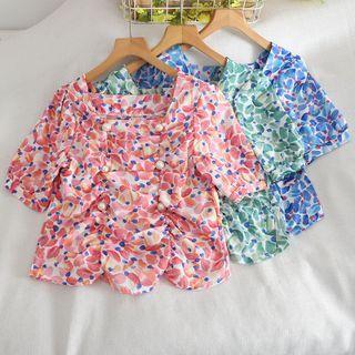 Short-sleeve Floral Print Faux Pearl Blouse