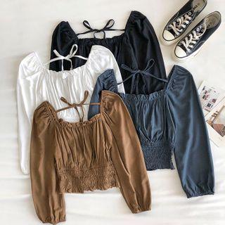 Plain Square-neck Lace-up Puff-sleeve Blouse