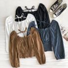 Plain Square-neck Lace-up Puff-sleeve Blouse