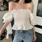 Elbow-sleeve Off Shoulder Lace Trim Ruffled Top White - One Size
