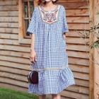 Embroidered Plaid Elbow Sleeve Dress