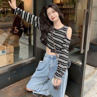 Long-sleeve Cold Shoulder Striped Top Black - One Size