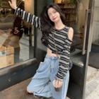 Long-sleeve Cold Shoulder Striped Top Black - One Size