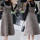 Long-sleeve Plain Top / Midi Plaid Pinafore Dress / Set