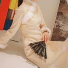 3/4-sleeve Floral Embroidered Faux Fur Trim Midi Qipao Dress