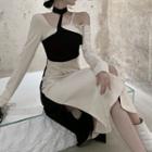 Long-sleeve Cold Shoulder Two-tone Midi A-line Dress