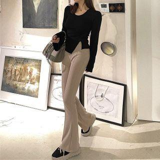 Long Sleeve Plain Slit T-shirt / Plain Boot-cut Pants