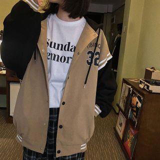 Snap Button Hooded Baseball Jacket