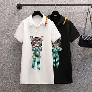 Short-sleeve Cat Embroidered Polo Shirt Dress
