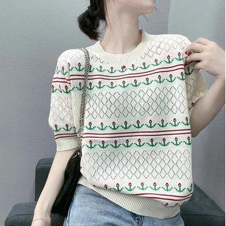 Short-sleeve Floral Print Knit Top Off-white - One Size