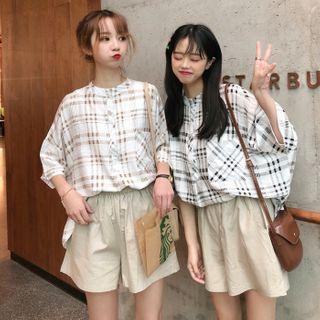 3/4-sleeve Plaid Shirt / Wide-leg Shorts / Set