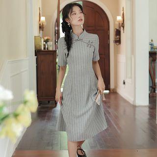 Striped Short-sleeve Qipao Dress