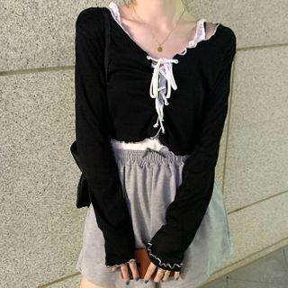 Lettuce Edge Lace-up Long-sleeve Top
