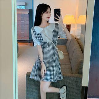 Plain Lapel Short-sleeve Top / Plaid Jumper Dress