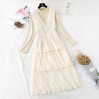 Set: Long-sleeve Mock Neck Top + Sleeveless Layered Mesh Dress