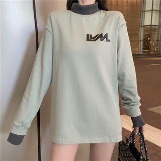 Mock Two Piece Letter Printed Sweatshirt Mint Green - One Size