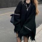 Oversized Contrast Stitch Frayed Long-sleeve Sweater Black - One Size