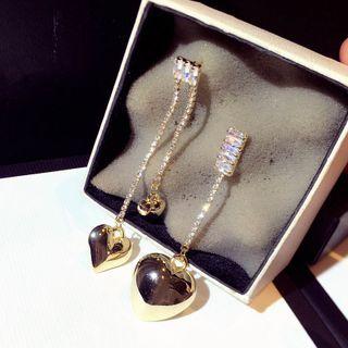 Heart Rhinestone Asymmetrical Dangle Earring 1 Pr - Gold - One Size