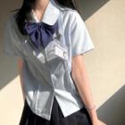 Elbow-sleeve Shirt / Ribbon Neck-tie / Pleated Mini A-line Skirt / Set